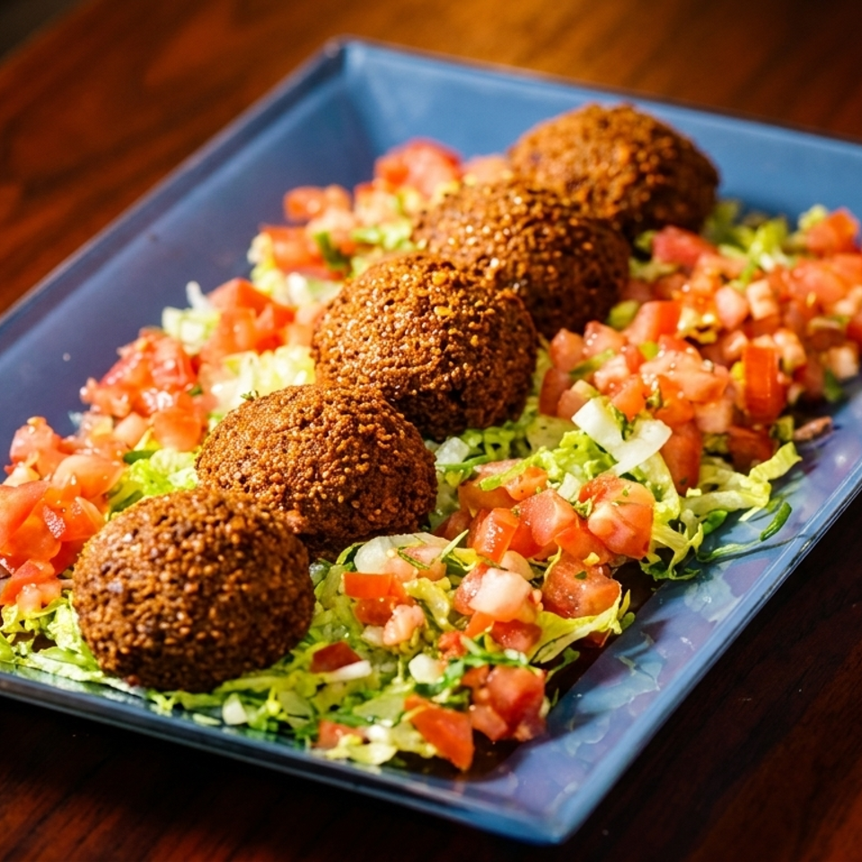 Five falafel balls on a bed of shredded lettuce and diced tomatoes on a blue rectangular plate.