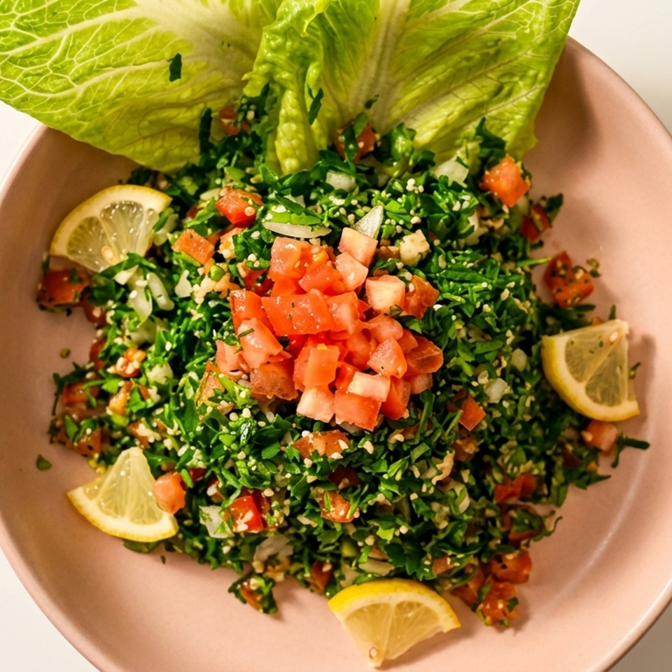 A vibrant tabbouleh salad with fresh parsley, tomatoes, and lemon wedges in a pink bowl.