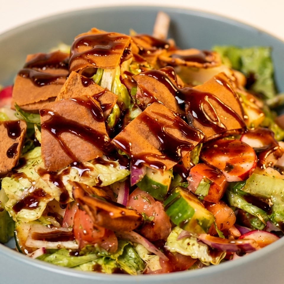 A vibrant fattoush salad in a blue bowl, topped with crispy pita bread and a dark dressing.