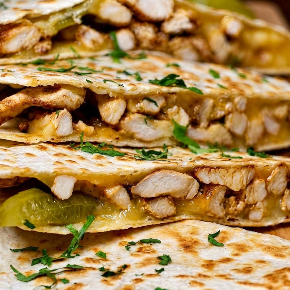 Chicken and cheese quesadillas with green peppers and cilantro, stacked on a wooden board.