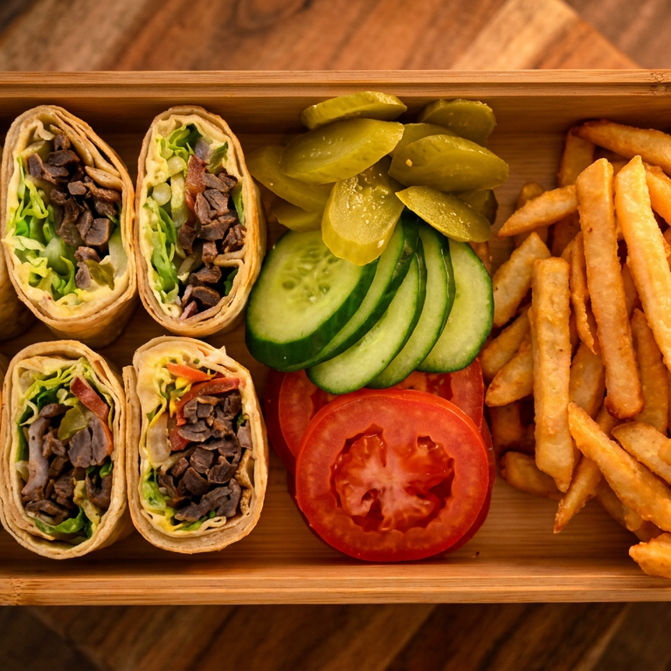 Six beef shawarma wraps, french fries, sliced cucumbers, tomatoes, and pickles in a wooden tray.