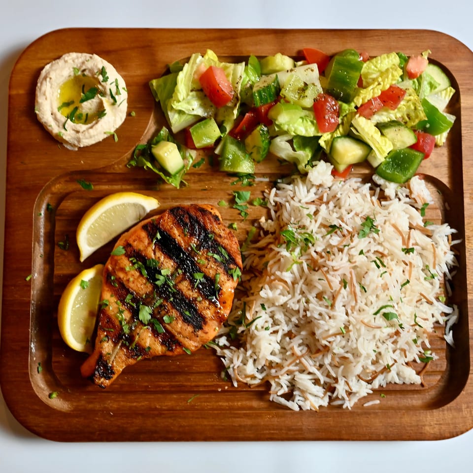 Grilled chicken with lemon, herbed rice, chopped salad, and hummus served on a wooden platter.